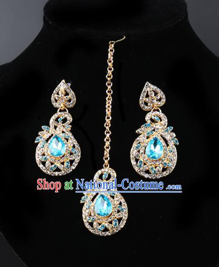 Indian Bollywood Princess Blue Crystal Earrings and Eyebrows Pendant India Traditional Jewelry Accessories for Women