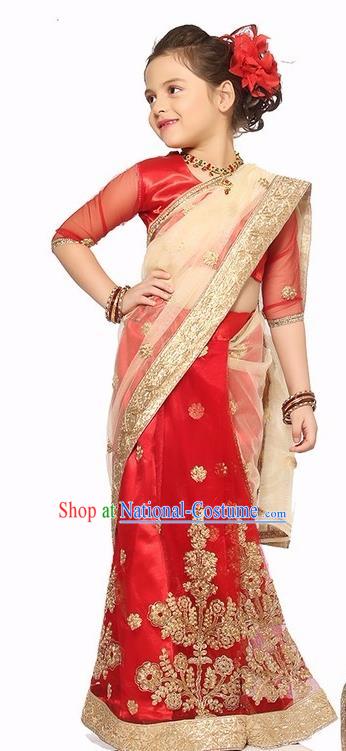 South Asian India Traditional Costume Asia Indian National Red Sari Dress for Kids