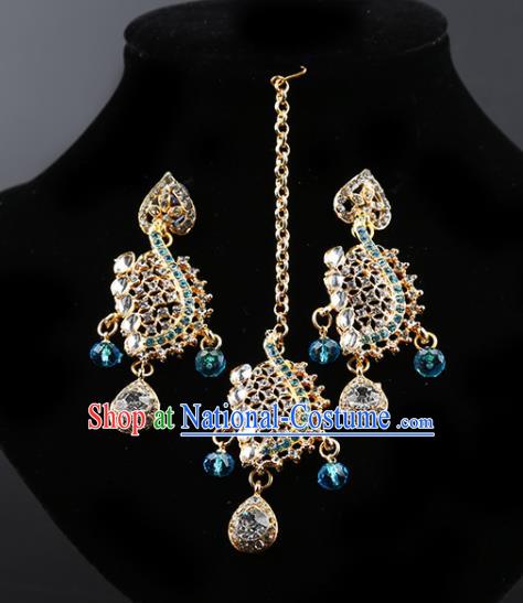 Indian Bollywood Blue Crystal Earrings and Eyebrows Pendant India Traditional Court Princess Jewelry Accessories for Women