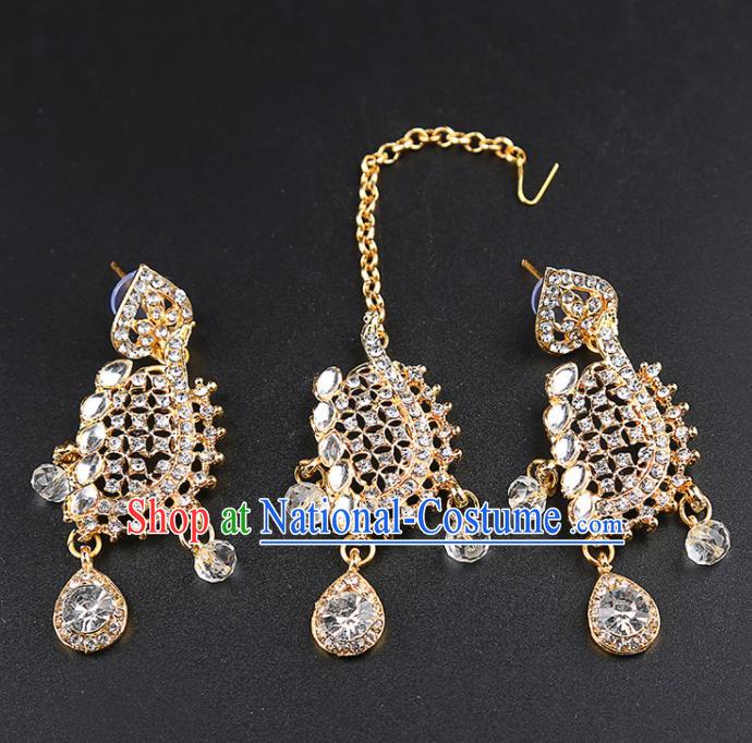 Indian Bollywood Crystal Earrings and Eyebrows Pendant India Traditional Court Princess Jewelry Accessories for Women