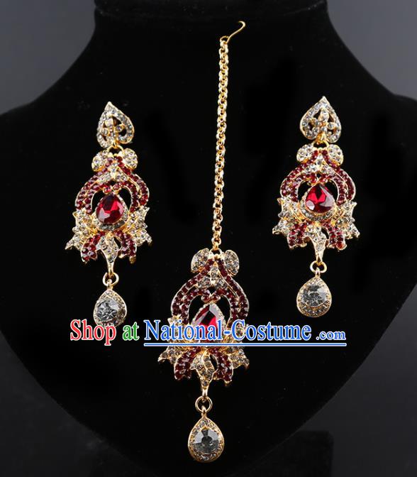 Indian Traditional Wedding Red Crystal Earrings and Eyebrows Pendant India Bollywood Court Princess Jewelry Accessories for Women