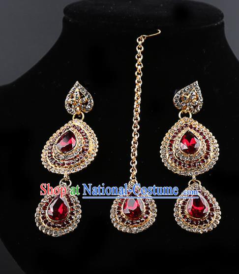 Indian Traditional Bollywood Red Crystal Earrings and Eyebrows Pendant India Court Princess Jewelry Accessories for Women