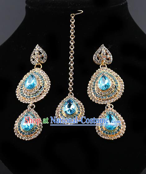 Indian Traditional Bollywood Blue Crystal Earrings and Eyebrows Pendant India Court Princess Jewelry Accessories for Women