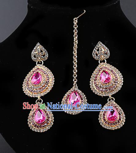 Indian Traditional Bollywood Pink Crystal Earrings and Eyebrows Pendant India Court Princess Jewelry Accessories for Women