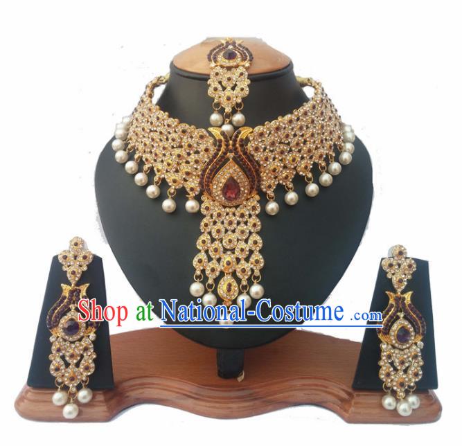 South Asian India Traditional Red Crystal Jewelry Accessories Indian Bollywood Necklace Earrings and Headwear for Women