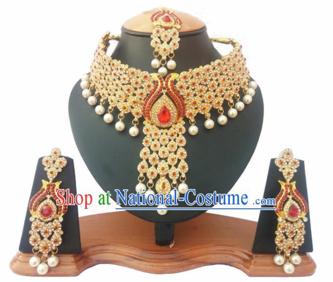 Asian India Traditional Red Crystal Jewelry Accessories Indian Bollywood Necklace Earrings and Headwear for Women