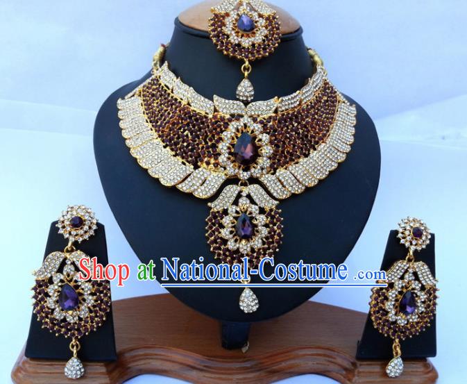 Asian India Traditional Purple Crystal Jewelry Accessories Indian Bollywood Necklace Earrings and Headwear for Women