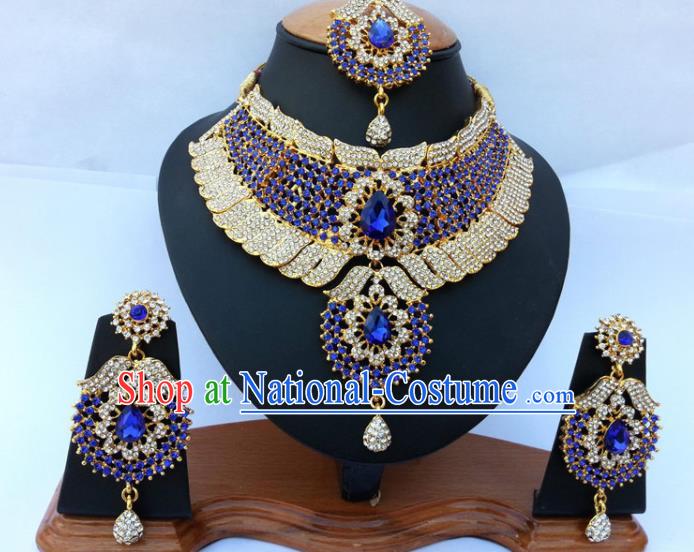 Asian India Traditional Royalblue Crystal Jewelry Accessories Indian Bollywood Necklace Earrings and Headwear for Women