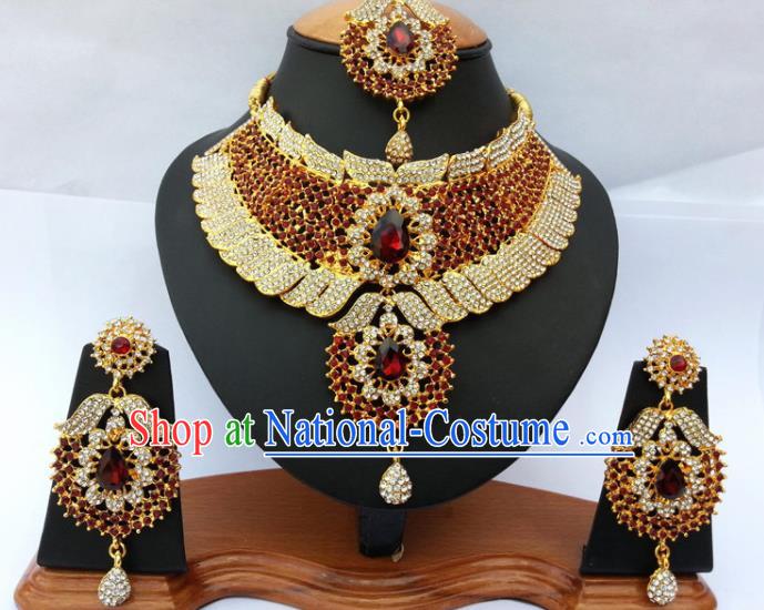 Asian India Traditional Red Crystal Jewelry Accessories Indian Bollywood Necklace Earrings and Headwear for Women