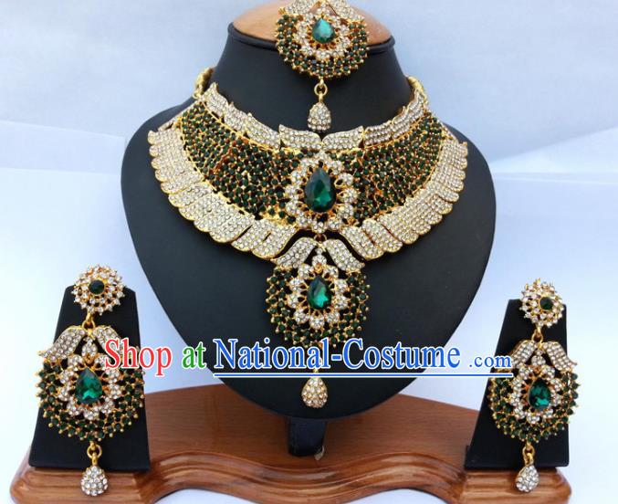 Asian India Traditional Green Crystal Jewelry Accessories Indian Bollywood Necklace Earrings and Headwear for Women