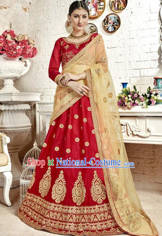 Asian India Traditional Bride Embroidered Red Sari Dress Indian Bollywood Court Queen Costume for Women