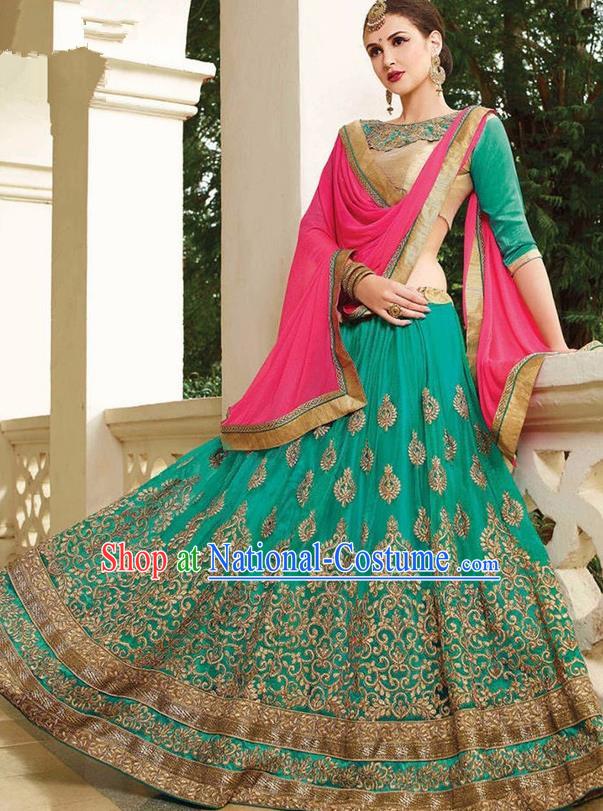 Asian India Traditional Bride Embroidered Green Sari Dress Indian Bollywood Court Queen Costume for Women