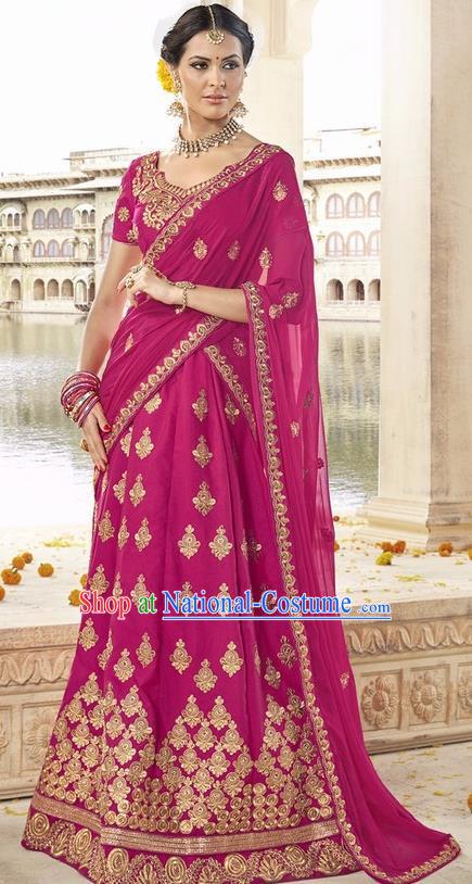 Asian India Traditional Bride Embroidered Rosy Sari Dress Indian Bollywood Court Queen Costume Complete Set for Women