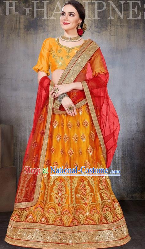 Asian India Traditional Wedding Bride Embroidered Orange Sari Dress Indian Bollywood Court Queen Costume Complete Set for Women