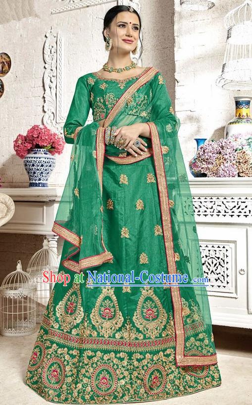 Asian India Traditional Wedding Bride Embroidered Green Sari Dress Indian Bollywood Court Queen Costume Complete Set for Women