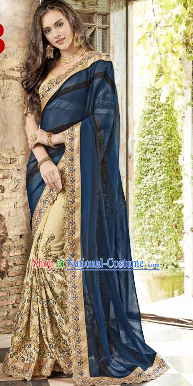 Asian India Traditional Navy Sari Dress Indian Bollywood Court Bride Costume Complete Set for Women