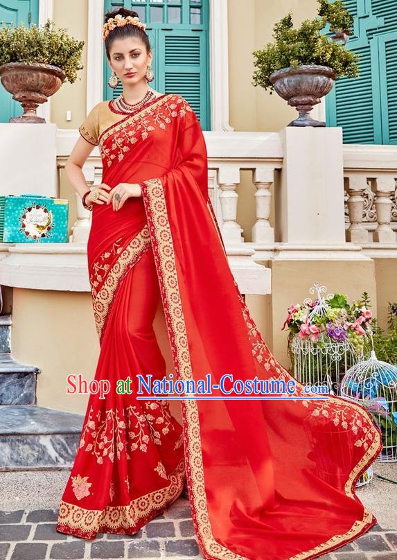 Asian India Traditional Court Princess Red Sari Dress Indian Bollywood Bride Embroidered Costume for Women