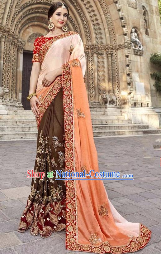 Asian India Traditional Embroidered Brown Sari Dress Indian Bollywood Court Bride Costume Complete Set for Women