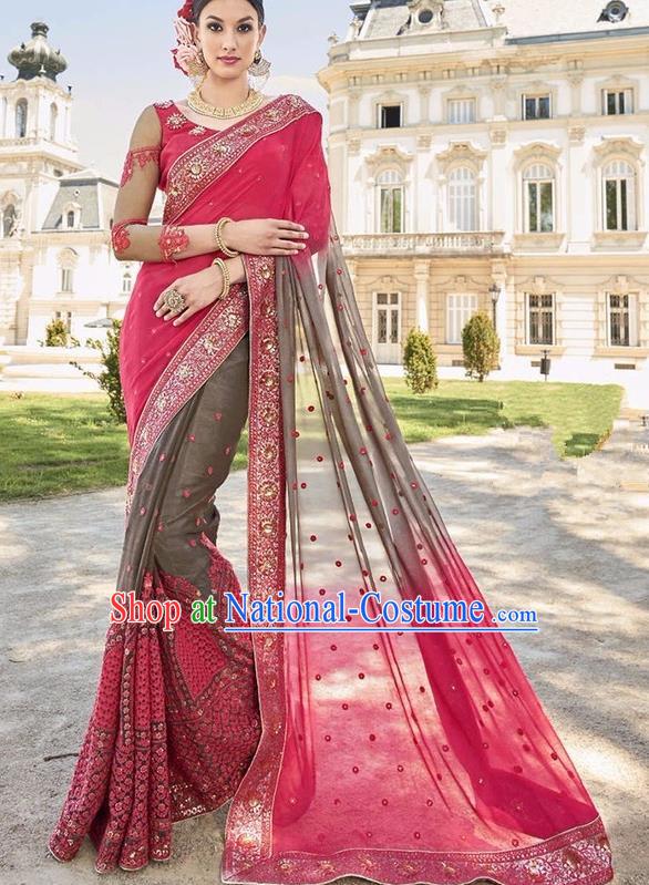 Asian India Traditional Embroidered Rosy Sari Dress Indian Bollywood Court Bride Costume Complete Set for Women