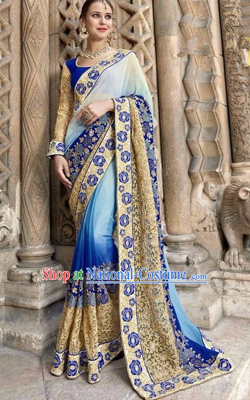 Asian India Traditional Court Princess Embroidered Blue Sari Dress Indian Bollywood Bride Costume for Women