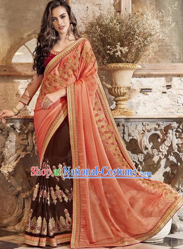 Asian India Traditional Court Princess Embroidered Orange Sari Dress Indian Bollywood Bride Costume for Women