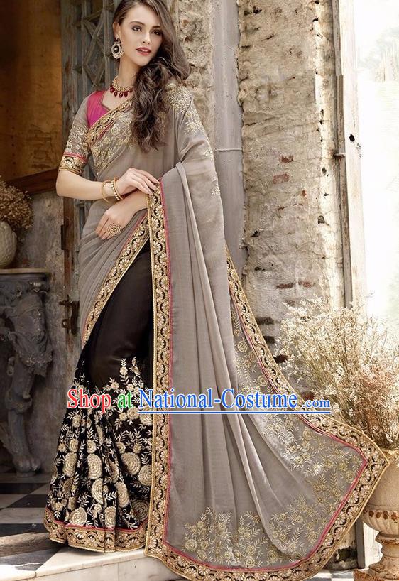 Asian India Traditional Court Princess Embroidered Brown Sari Dress Indian Bollywood Bride Costume for Women