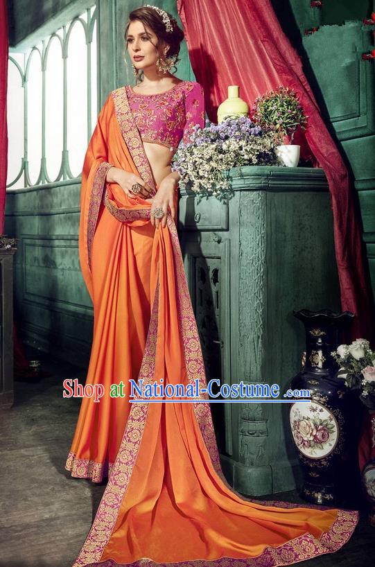 Asian India Traditional Court Princess Orange Sari Dress Indian Bollywood Bride Embroidered Costume for Women