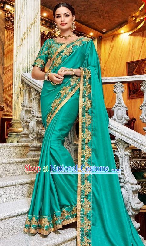 Asian India Traditional Court Princess Green Sari Dress Indian Bollywood Bride Embroidered Costume for Women