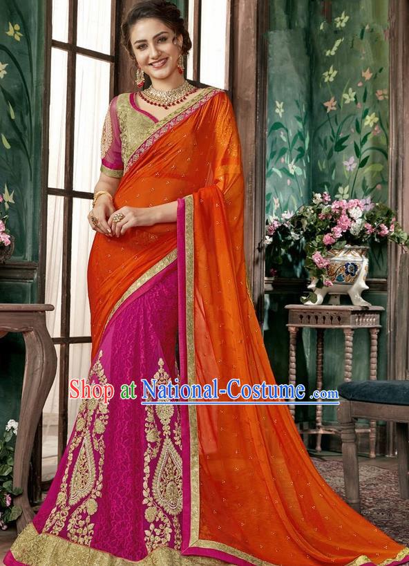 Asian India Traditional Court Princess Rosy Sari Dress Indian Bollywood Bride Embroidered Costume for Women