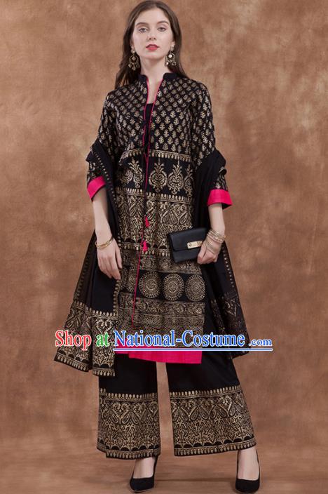 South Asian India Traditional Black Costume Asia Indian National Punjabi Suit for Women