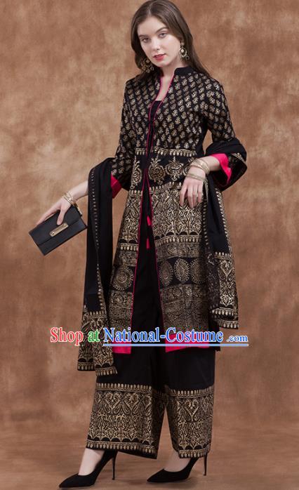 South Asian India Traditional Black Costume Asia Indian National Punjabi Suit for Women