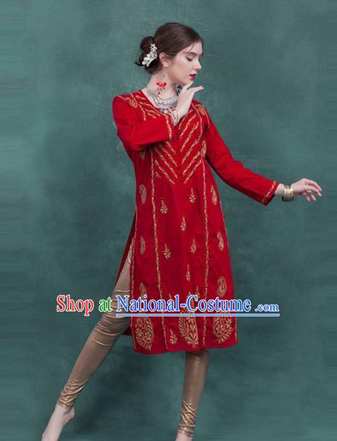 South Asian India Traditional Red Dress Costume Asia Indian National Punjabi Suit for Women