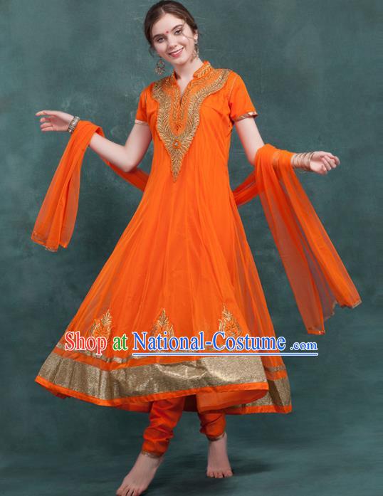 South Asian India Traditional Orange Dress Costume Asia Indian National Punjabi Suit for Women