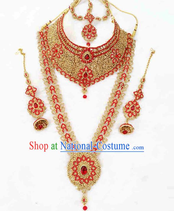 South Asian India Traditional Jewelry Accessories Indian Bollywood Red Crystal Necklace Earrings Hair Clasp for Women