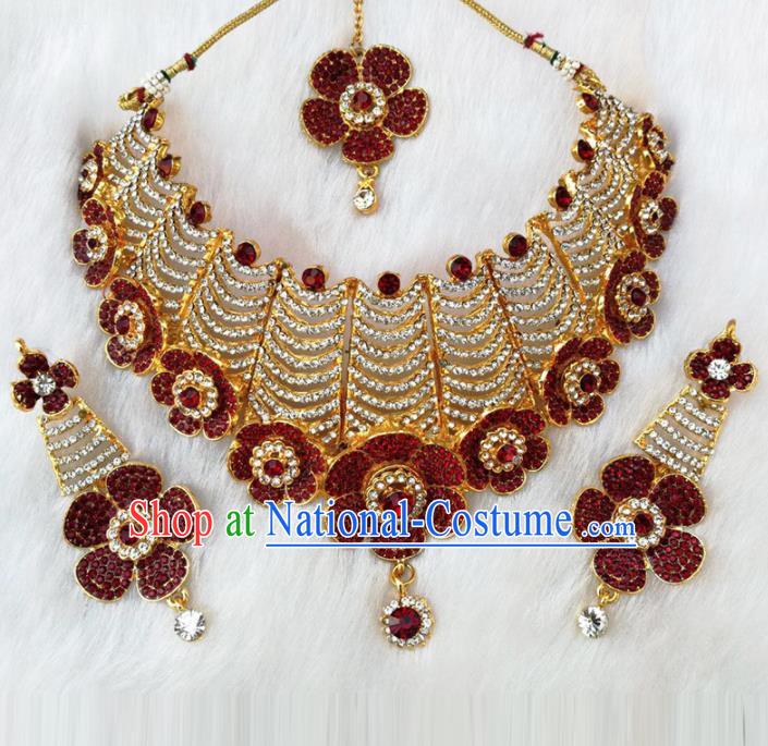 South Asian India Traditional Jewelry Accessories Indian Bollywood Wine Red Crystal Necklace Earrings Hair Clasp for Women