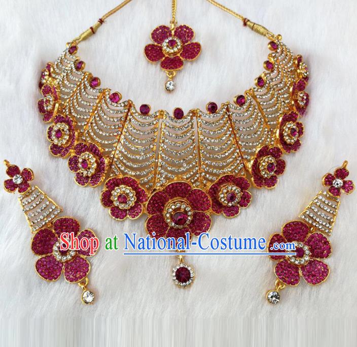 South Asian India Traditional Jewelry Accessories Indian Bollywood Rosy Crystal Necklace Earrings Hair Clasp for Women