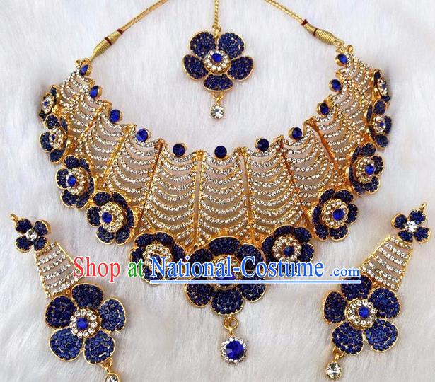 South Asian India Traditional Jewelry Accessories Indian Bollywood Blue Crystal Necklace Earrings Hair Clasp for Women