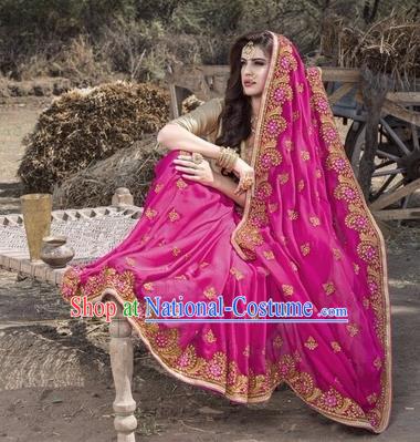 Asian India Traditional Rosy Sari Dress Indian Court Princess Bollywood Embroidered Costume for Women