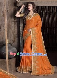 Asian India Traditional Orange Sari Dress Indian Court Princess Bollywood Embroidered Costume for Women