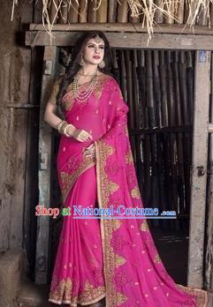 Asian India Traditional Rosy Veil Sari Dress Indian Court Princess Bollywood Embroidered Costume for Women