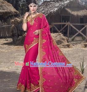 Asian India Traditional Rosy Veil Sari Dress Indian Court Princess Bollywood Embroidered Costume for Women