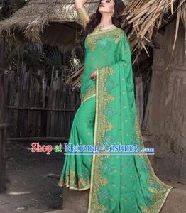 Asian India Traditional Green Veil Sari Dress Indian Court Princess Bollywood Embroidered Costume for Women