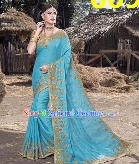 Asian India Traditional Light Blue Sari Dress Indian Court Princess Bollywood Embroidered Costume for Women