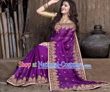 Asian India Traditional Purple Sari Dress Indian Court Princess Bollywood Embroidered Costume for Women