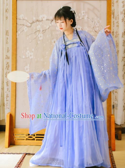 Ancient Chinese Tang Dynasty Court Lady Historical Costume Traditional Blue Hanfu Dress for Women