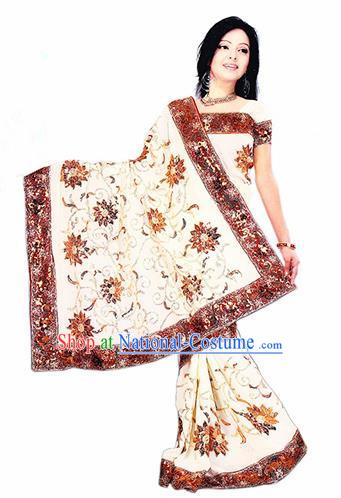 Indian Traditional White Sari Dress Asian India Bollywood Royal Princess Embroidered Costume for Women