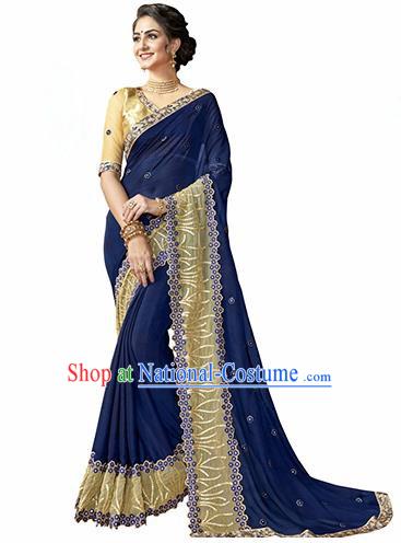 Indian Traditional Navy Sari Dress Asian India Bollywood Royal Princess Embroidered Costume for Women