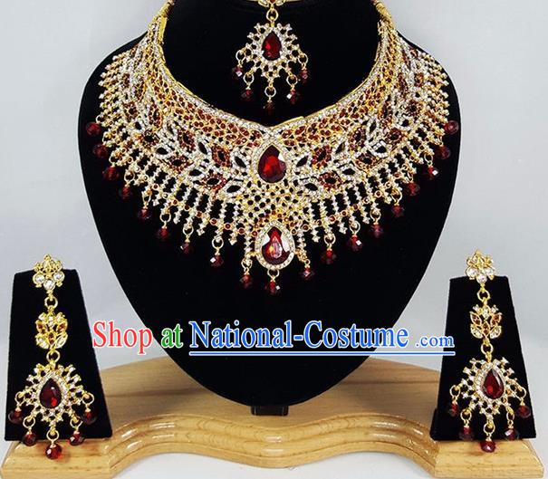 Indian Traditional Bollywood Crystal Necklace Earrings and Eyebrows Pendant India Court Princess Jewelry Accessories for Women