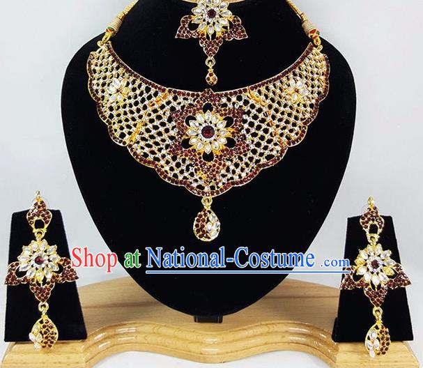 Indian Traditional Bollywood Court Necklace Earrings and Eyebrows Pendant India Princess Jewelry Accessories for Women