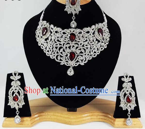 Indian Traditional Bollywood Court Zircon Necklace Earrings and Eyebrows Pendant India Princess Jewelry Accessories for Women